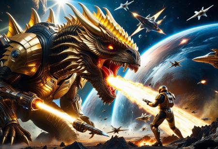 Golden Kaiju, hyper-realistic colossal alien creature with intricate gold-plated armor, biomechanical textures, unleashing a radiant golden energy beam from its mouth, surrounded by realistic sci-fi fighter spaceships in a high-stakes aerial space battle, cinematic explosion of a giant planet in the background, fiery debris, glowing atmosphere, realistic physics-based lighting, volumetric light and shadows, epic scale confrontation in deep space, hyper-detailed composition, concept art quality, photorealism, physically accurate textures, dynamic lighting, immersive realism, digital painting, movie-grade visuals, extremely high detail, 3D depth and perspective, (masterpiece:2), best quality, ultra highres, original, extremely detailed, perfect lighting