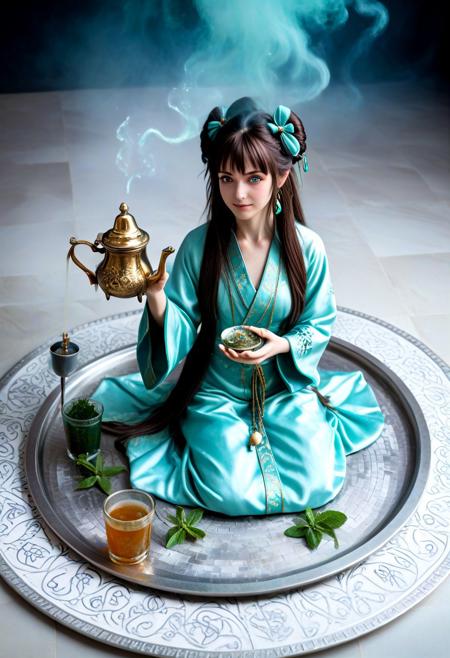 (anime coloring, anime screencap), KanzakiaoiTB, Atai, lazyup, 
floating temple garden, carved sandstone columns, giant hovering tea kettle, glowing mosaic tiles  
moonlit glow, soft teal mist, shimmering particles  
aerial angle, wide shot, focus on floating tea tray  
kneeling pose, offering cup to spirit wisp, calm expression  
slim, long hair, blue eyes, ahoge, big bow  
mystic robe, embroidered with stars, translucent green silk, flowing edges  
tea steam forming runes, mint leaves levitating, glowing petals orbiting