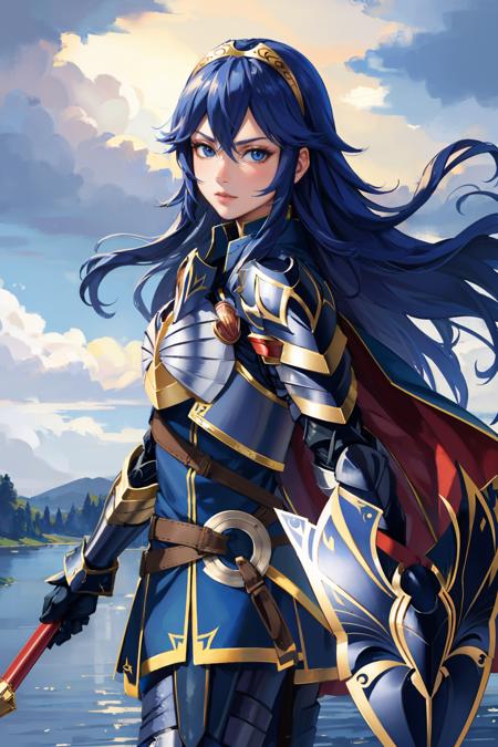 masterpiece, best quality,  <lora:lucina-nvwls-v1-000008:1> brvLucy, tiara, cape, full armor, breastplate, gauntlets, armored legwear, standing, grey sky, shield, holding shield, from side, furrowed brow, looking at viewer