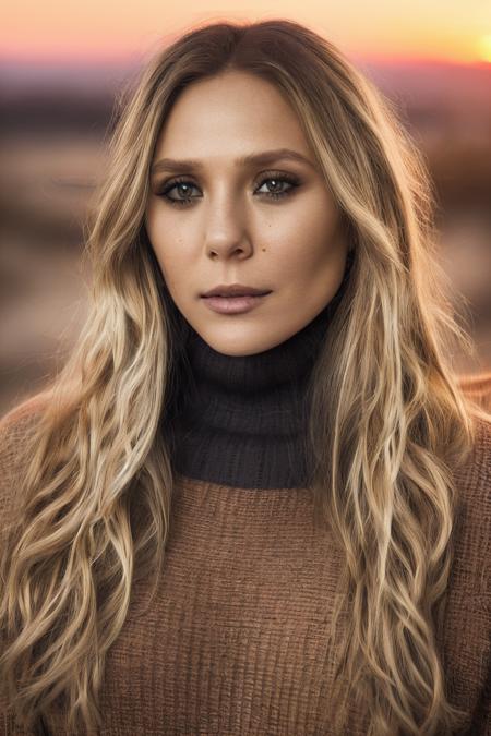 waist up portrait photo, (elizolsen), golden hair,  (sunset:1.2),black turtleneck sweater, epic (photo, hard light, sony a7, 50 mm, matte skin, colors, hyperdetailed, hyperrealistic), ethereal, perfect face,perfect lips,<lyco:ElizabethOlsenDogu:1>