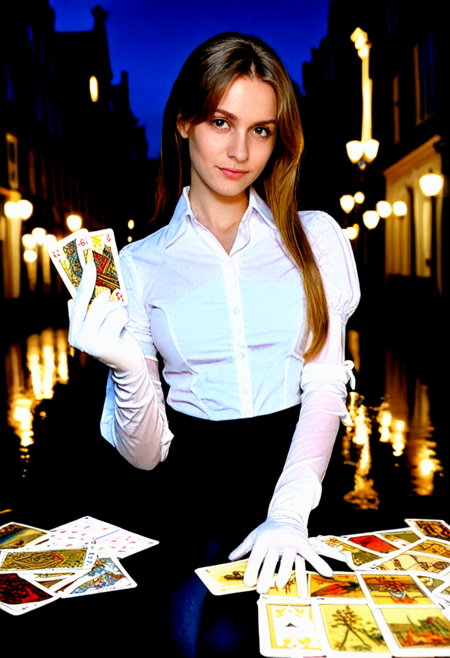 masterpiece, best quality, 1girl,  solo, white sleeves, white shirt, safe. white gloves, holding card, tarot, city, night, dutch angle,  vpzdxizz ,  <lora:VdiffNeedBoobNuts:0.5>