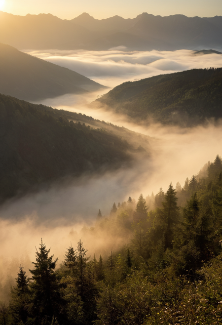 Photorealistic landscape: Misty mountain valley at dawn, natural atmospheric fog, detailed forest textures, professional photography, wide-angle lens, golden hour lighting, high-resolution capture, environmental documentation