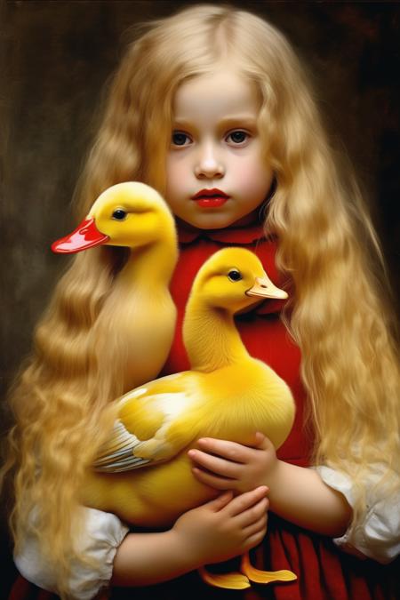 <lora:Sophie Gengembre Anderson Style:1>Sophie Gengembre Anderson Style - real immagine little girl with long blond hair holding a yellow duck with a red beak