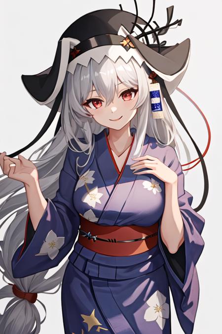 best quality, masterpiece, highres, solo, {yukata:1.40}, {kimono:1.20}, {specter_arknights:1.15}, long_hair, bangs, red_eyes, hair_between_eyes, smile, black_headwear, grey_hair, white_hair, very_long_hair, upper_body, hat, breasts