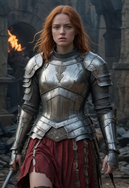 High resolution ultra-realistic of Beautiful Warrior Sadie Sink as Joan of Arc, 8k, capturing the intensity of the moment, cinematic lighting, standing on a bloody and stormy battlefield in bloody battle, wavy red hair, realistic dirty pale face, realistic blue eyes,  beautiful hourglass figure, burning in a medieval Town, intricately designed iron and silver armor, red mini skirt, Dark Ages Aesthetic, perfect athletic figure, beautiful Warrior Joan of Arc, fire, ultra realistic, cinematic style, vigorous and seductive, athletic figure, dark fantasy, dramatic lighting, wet and sweaty skin, dirty skin, athletic figure, dark fantasy, dramatic lighting, Greg Rutkowski style,, Warrior Joan of Arc on in iron armor, hyper-detailed, hyper-realistic, bright colours, Attractive 21 old years girl, Attractive, beautiful firm Breasts, sharp focus, digital painting, Photograph Taken on Nikon D750, Alphonse Mucha, 8K, athletic figure, Hyperdetailed, hyperrealism, Attractive, Attractive bust girl, asymmetric balance