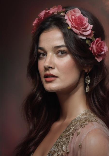 pinar_deniz, with flowers in her hair and a wreath of pink roses on her head, standing in front of a dark background, painted by artgerm and tom bagshaw, fantasy art, dramatic lighting, highly detailed oil painting
<lora:more_details:0.8>,
<lora:pinar_deniz-000007:0.8>,