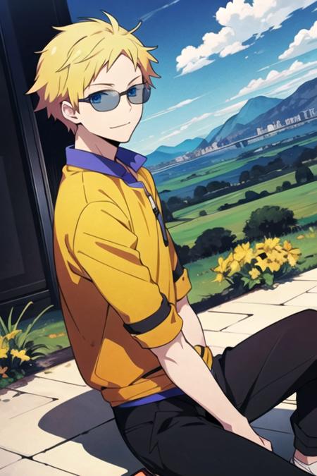 masterpiece, best quality, game cg, 1boy, solo, male focus, looking at viewer, , , , , <lora:birthday_hamatora:0.68>, birthday_hamatora, blonde hair, blue eyes, , , valley, 32k resolution