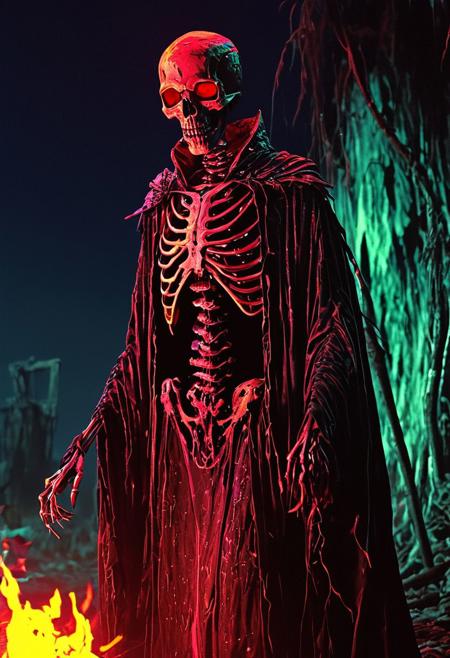 terrifying lich, skeletal, glowing eyes, drab cloth robe
in the style of the decaying empire of Wrstreich, dark magic and grotesque creatures abound, inspired by Sean Aaberg's punk aesthetic, dark fantasy world combines grim landscapes with vibrant, exaggerated neon colorful art, old 80's VHS dark fantasy, VHS screen grab, grainy, old footage