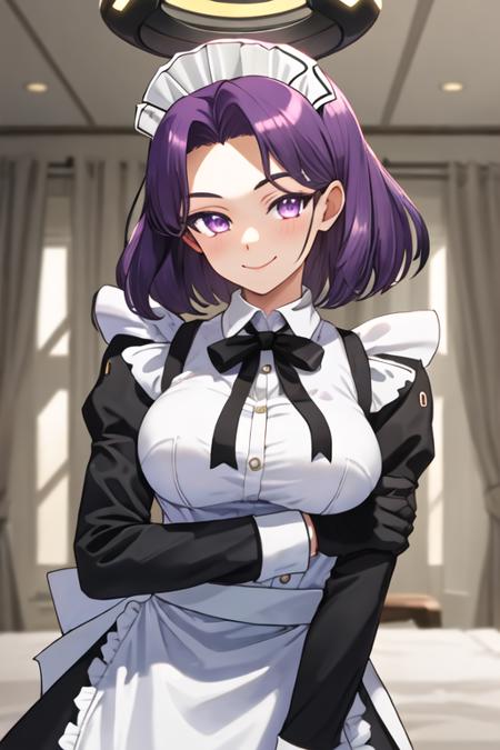 best quality, masterpiece, highres, solo, {maid:1.40}, {long maid dress:1.15}, {tatsuta_kantaicollection:1.15}, purple_hair, purple_eyes, short_hair, mechanical_halo, halo, smile, breasts, large_breasts