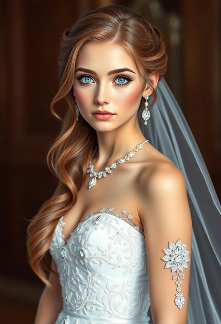 A full-body fotorealistic image of a 20-year-old girl with long hair styled in an elegant wedding hairstyle. She has striking blue eyes and is wearing a beautiful white wedding dress adorned with delicate details. Her look is completed with elegant jewelry, enhancing the sophistication of the bridal design. The style is clean, detailed, and focused on showcasing the elegance and flow of the dress and accessories in a fashion illustration style.