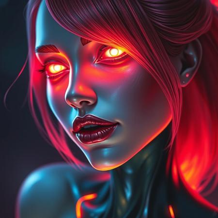 A gorgeous woman with a luminous digital aura lighting up the darkness, the ethereal figure of a digital painting evocative of a distorted human figure with vibrant neon eyes, (glowing eyes:1.1), heart shaped face, macabre appearance and a cunning smile. Vibrant hair. This stunning image is a digital painting, meticulously created with vibrant colors and striking details. Her sleek, futuristic design exudes a sense of otherworldly beauty, with glowing neon accents that seem to pulse with energy. Every pixel is carefully rendered, capturing the character's mysterious and alluring presence in exquisite detail. This mesmerizing image invites viewers to get lost in a dreamlike realm of imagination and technology. ((glowing neon lipstick)), masterpiece, highly detailed, harmonious colors, ((half body angle:1.5))