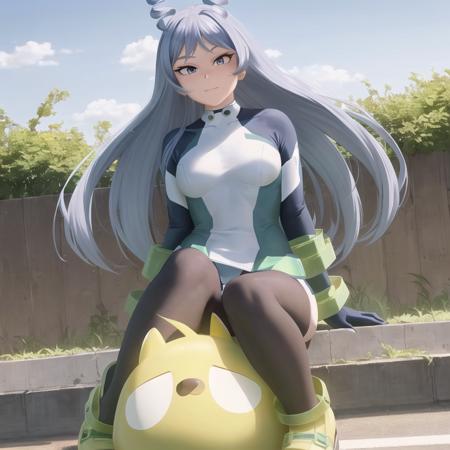 masterpiece, detailed, park background, woman, (mature female:1.4), 1girl, (full body), nejire, wholesome, cute, black outline, nose, (perfect hands), perfect face, yellow gloves, (blue eyes), very long hair