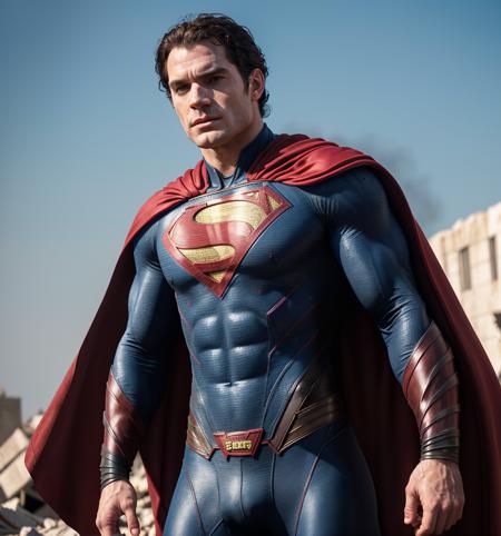 Henry cavill superhero, cape long red, upper body,cinematic, movie, grain movie (2023s), building destroyed , realistic , (8k, RAW photo, best quality, masterpiece:1.2), (realistic, photo-realistic:1.33), best quality, detailed eyes blue, cute,natural lighting, depth of field, film grain, wrinkled skin, sharp,