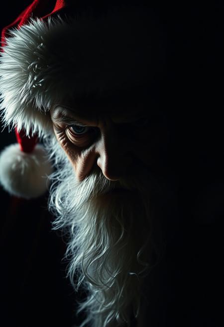 A old man dressed as santa in a dramatic, chiaroscuro-style portrait, his expression is evil and mysterious, his glowing eyes seeming to hold untold secrets. Deep shadows obscure his face. His crimson santa hat fur trim is faintly visible against the darkness.