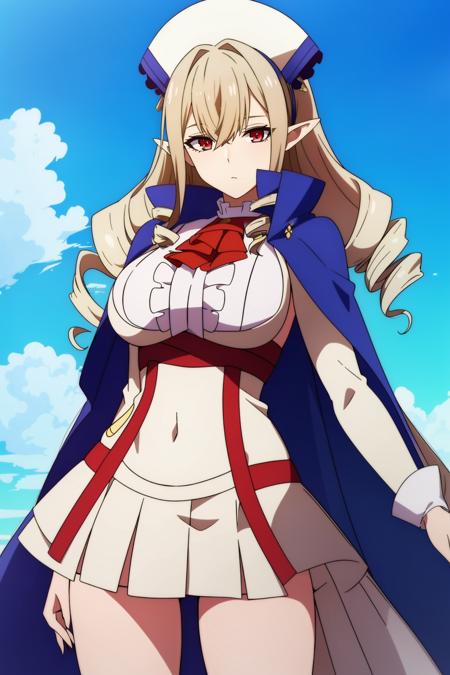 <lora:èè²äº1V-000007:0.6>,1girl,èè²äº,solo,long hair,hair between eyes,drill hair,pointy ears,sidelocks,red eyes,
hat,cape,skirt,navel,midriff,white dress,miniskirt,pleated skirt,frills,large breasts,red ascot,shirt,center frills,high collar,long sleeves,high collar,underbust,hairband,short sleeves,fingernails,cowboy shot,
blue sky,panties,, Exquisite visuals, high-definition,masterpiece,best quality,