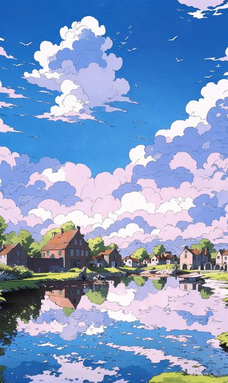 landscape, clouds, sky, outdoors, water, reflections, architecture, waterwheel, no people, stone bridge, boat, cloudy sky, sunset, architecture, reflections of water, fantasy, (illustration:1.0), masterpiece, best quality, <lora:line illustrationa_20230901192549:0.82>