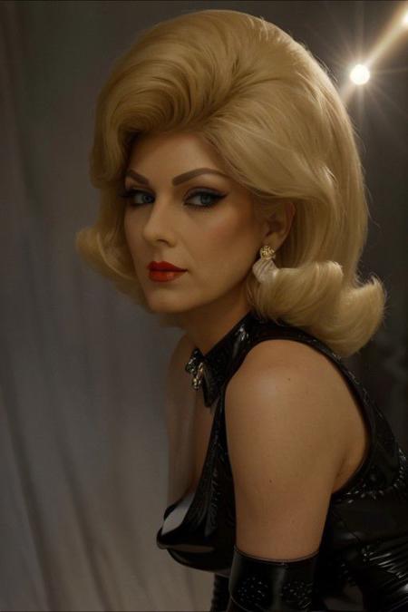 (long eyelashes, thin eyebrows, eyeshadow, skin wrinkles, old face, Bouffant Hair, bouffant hair, heavy makeup, old, blonde hair, red lipstick, a woman with red lipstick,:1.5), wide shot photo of a drag queen dressed as(dressed like a dominatrix, latex tank top, pants, belt, gloves, boots:1.5), seductive, detailed eyes, full body portrait, shy smile, amidst emerald meadows, studio light, perfect eyes, winged eyeliner, holding a lasagna, centered, a photorealistic, golden daylight, backlight rim lighting, the orton effect, subtractive lighting, tilt-shift, cinematic, captured with a 85mm lens, bokeh, bokeh lighting, in the style of jessica drossin, soft lighting, detailed, RAW, analog, sharp focus, (photorealistic:1.3), (shadows:1.2), (intricate details:1.5), (sharpen details), background sun lens flare, sunshine, daylight, sky, photo by photographer Helmut Newton, highly detailed, sharp focus, cinematic lighting, dynamic poses, stunningly beautiful, captivating, enigmatic, exhibitionist, soft light, twilight, digital, high, ethereal lighting, dynamic composition, serene expression, primal energy, elemental beauty, high resolution, uhd, hdr, vogue photoshoot, Laocon, iris flare light