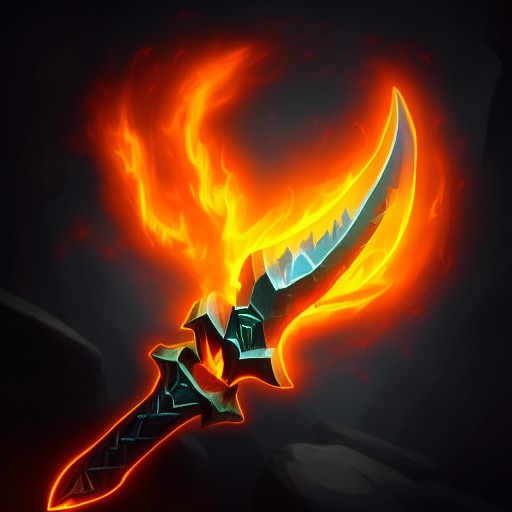 Awesome RPG icon of a flaming mithril dagger, arcane mana aura energy smokes, game asset trending on artstation, in a dark...
