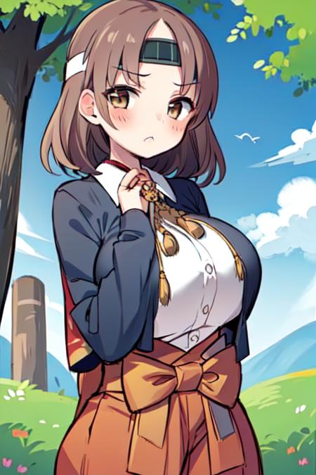 chiyodakc,  headband,  1girl, solo, outside, trees,  huge breasts,  <lora:ChiyodaKCLora-07:1>, grey blazer, bird pattern, plain red hakama skirt, gold tassel, white shirt,