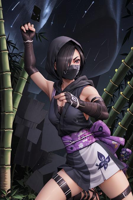 <lora:mosu_ninja_V1.0:0.7>,mosuninja,ninja,1girl,solo,standing,(fighting stance:1.3),(dynamic pose:1.3),cowboy shot,black hair,brown eyes,hair over one eye,eyeshadow,purple eyeshadow,breasts,small breasts,bare shoulders,mask,mouth mask,covered mouth,ninja mask,japanese clothes,kimono,short kimono,obi,elbow gloves,fingerless gloves,gloves,hood,skirt,sandals,socks,black legwear,toes,thigh strap,outdoors,bamboo,bamboo forest,(night:1.3),(night sky:1.3),