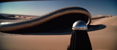 analog film photo a photo footage from a surrealist science fiction film by Jodorowsky adaptation of Frank Herbert's dune book, in the foreground man a hand placed on your head to protect yourself from the sun and wearing with a blend of Arrakis science fiction nomad wear designed by Hans Ruedi Giger, in the background the Arrakis planet ((with a oversized sandworm)), 80s style, dramatic lighting, detailed cinematic still shot, filmed on an Ultra Panavision 70 Camera, Eastman Kodak, Technicolor, film grain, 8k, film grain, chromatic aberration, cinematic production still, vintage 80's style color  <lora:Jodorowsky:0.3> <lora:cinematic vintage film:0.2>, faded film, desaturated, 35mm photo, grainy, vignette, vintage, Kodachrome, Lomography, stained, highly detailed, found footage