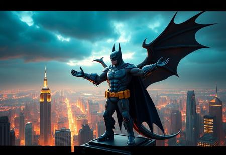 Heroic Batman Armor Dragon, arms outstretched, standing sentinel on a skyscraper rooftop overlooking a stunning crimson & amber metropolis. Wearing iconic blue/grey armor, yellow utility belt, blue boots. Ultra-detailed, cinematic atmosphere, dramatic lighting. trending on Artstation, CGSociety, Octane Render, Unreal Engine 5, Raphael Style, Beautiful Matte Painting, Splash Ink Illustration, 4k, High-res, Impeccable Composition, Dynamic Pose.