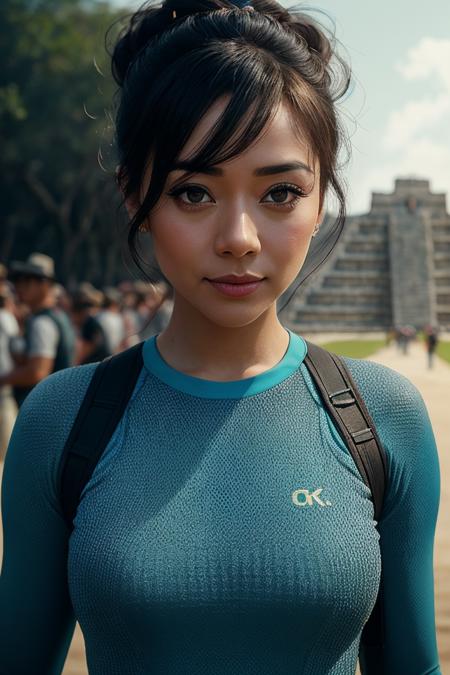 beautiful woman (EP41m3G4rc14:.99): a woman at (Chichen Itza - Mexico:1.1) , perfect space buns, wearing sexy sky blue (compression shirt), ( people in background:1.1), (face focus), modelshoot style, (extremely detailed CG unity 8k wallpaper), professional majestic (photography by Albert Bertelsen:1.1), 24mm, exposure blend, hdr, extremely intricate, High (Detail:1.1), dramatic, soft cinematic light, (looking at viewer), (detailed pupils), 4k textures, soft cinematic light, elegant, ((((cinematic look)))), soothing tones, insane details, hyperdetailed, ("In Jernau we trust!":1.1)