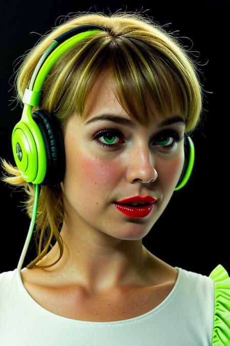 masterpiece, best quality, oil painting \(medium\), real, solo, 1girl, blonde hair, headphones, hair curls, black background, sound waves, green neon, white dress, musical note, red lipstick, medium hair, ringlets, green theme, hand on headphones, frills, puffy sleeves, short sleevesneon background, face close up,