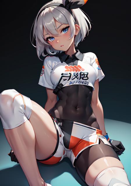 <lora:bea:0.7>, bea,1girl, solo, breasts, looking at viewer, short hair, bangs, blue eyes, shirt, gloves, holding, short sleeves, grey hair, hairband, parted lips, shorts, collared shirt, dark skin, feet, dark-skinned female, grey eyes, bodysuit, covered navel, toes, soles, black hairband, wristband, single glove, poke ball, black bodysuit, tied shirt, knee pads, print shirt, bodysuit under clothes, dynamax band, print shorts,