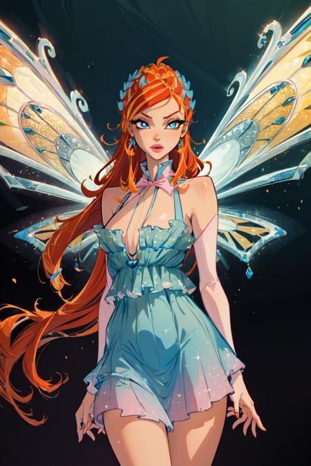 Bloom dress, fairy wings, orange hair, blue eyes, sparkling outfit