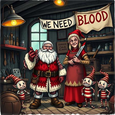 Scene: evil Santa Claus and dark Mrs. Claus in a broken down  workshop with two imp elves.
Santa Claus: Elderly, with a white beard, wearing a blood red vest trimmed in fur, over a striped shirt, and a look of hate or angry. He gestures with a pointing hand,
dark Mrs. Claus: Elderly woman with a cold, contempt expression, draped in a bloody apron over a red and beige dress. She cooldily rests her hand on a blade.
imp Elves: Two small elves with pointed teeth, striped stockings, and curly-toed blades. They stand attentively.
Environment: A dark, wooden workshop filled with torture tools, shelves lined with blades and equipment, and glowing cold light from overhead lamps and a window in the background.
Signage: A prominent banner reads, "WE NEED BLOOD," in bold letters.
Mood: dark, busy, and slightly urgent, combining the magical charm of Santa's workshop with a pressing task at hand.
Style: Hand-drawn, storybook-like illustration with rich details, soft lighting, and a whimsical, nostalgic feel.