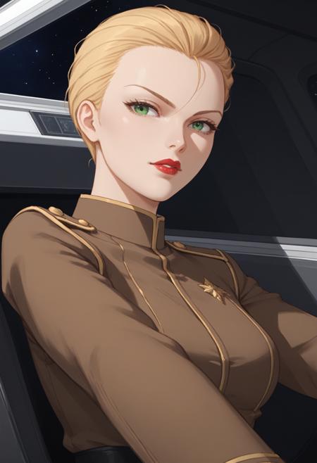 MSGSF91LydiaDorfman, blonde hair, green eyes, lipstick, short hair, forehead, hair slicked back, hair between eyes, large breasts, brown collared shirt, military uniform, black skirt, pencil skirt, black belt, black high heels,