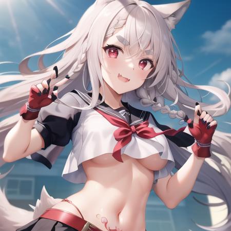 (masterpiece, best quality:1.2),illustration,8k,hd,1girl,upper body,(portrait:1.2),underboob,animal ears,medium breasts,solo,skirt,long hair,gloves,tail,braid,fingerless gloves,nail polish,multicolored nails,navel,pleated skirt,red belt,fang,crop top,smile,belt,black skirt,thick eyebrows,crop top overhang,side slit,wolf tail,side braid,slit pupils,serafuku,wolf ears,short sleeves,red gloves,grey hair,bangs,tattoo,red eyes,single braid,belt buckle,puffy sleeves,school uniform,buckle,very long hair,miniskirt,no bra,<lora:Yuudachi-V1:0.5>,