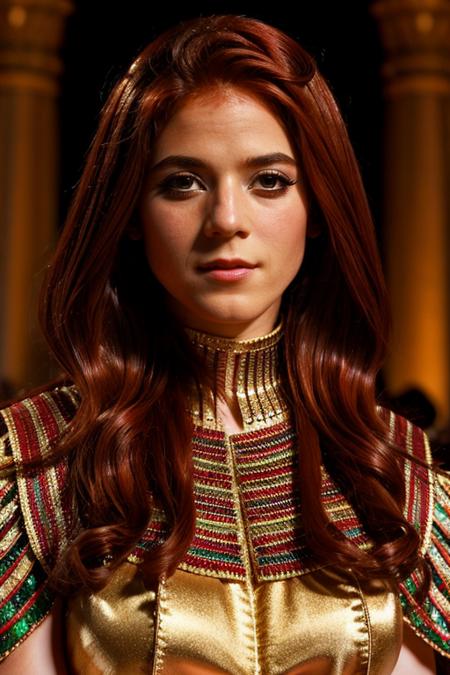 egyptian costume ,  simple , night <lora:Rose_Leslie:1> masterpiece, best quality, detailed face, a mature r1873l, 1girl, solo, red hair,