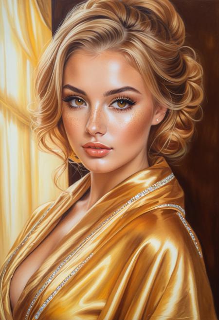 Portrait of a 21-year old pretty European girl, auburn hair with blonde highlights, (classy updo), golden eyes, lips, diamond choker, big tits, cleavage, wrapped in a gold-colored silk robe, body glistening with oil, tits, tanned skin, freckles, looking at viewer, indoor, spa resort, colored pencil, highly detailed, high-resolution image, bokeh, 8k