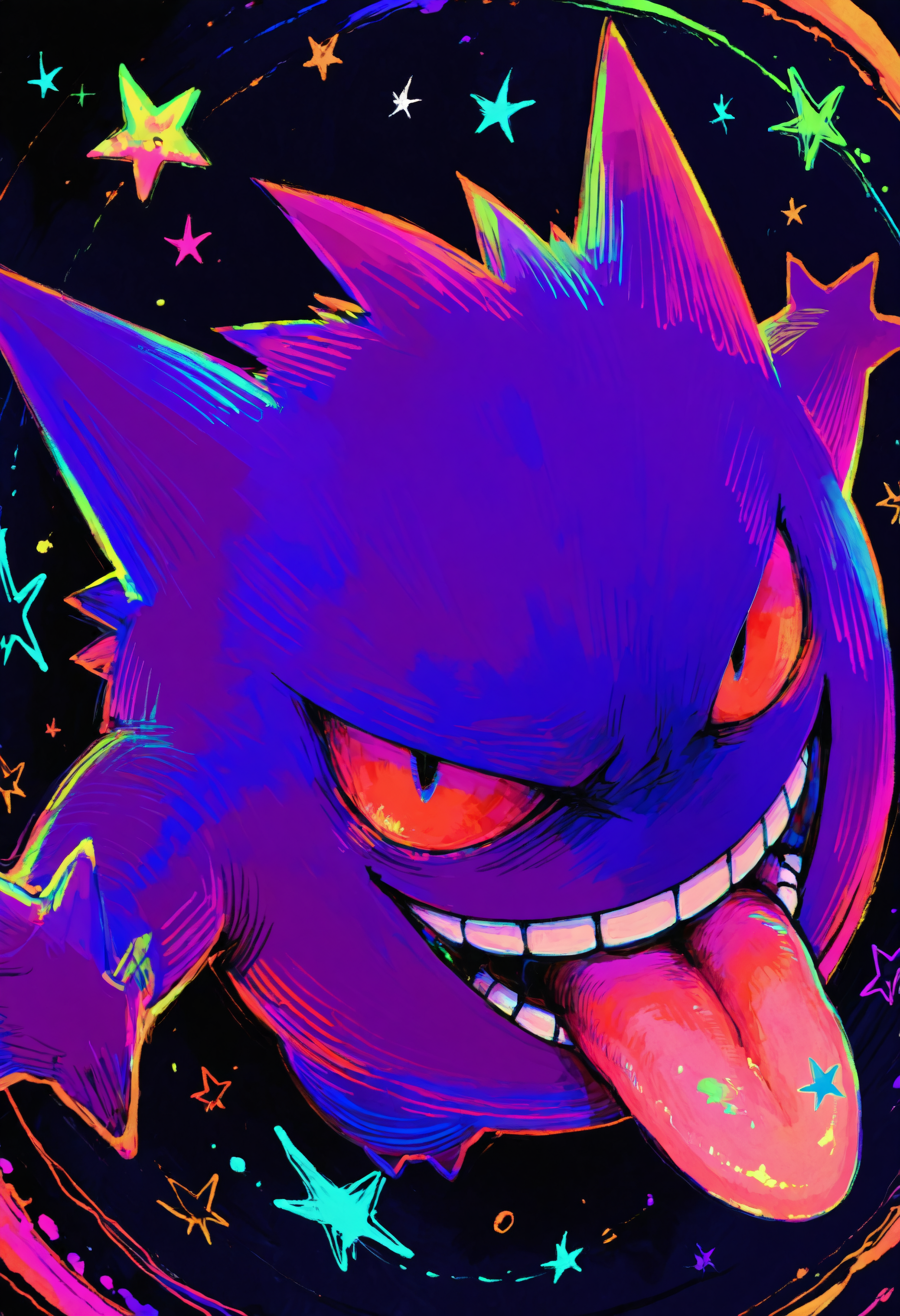 A stylized illustration of Gengar, a cartoon creature with large red eyes with black pupils, a spiky dark purple, roundish body displaying a wide menacing grin with white teeth and an extended pink tongue. Behind it, a dark starry background filled with multicolored stars in cyan, pink, orange, and green hues scattered throughout the space. Dramatic neon lighting creates bright electric blue, pink, and green rim lighting around the creature, while rainbow-colored streaks and energy effects whirl in the background, creating an aesthetic reminiscent of blacklight lighting. 