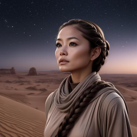 photo, photorealistic portrait of an elegant japanese woman on tatooine at dusk wearing a jedi outfit looking up at the starry sky, braids, nebula, minimalist jedi outfit, cinematic lighting, looking up, extremely detailed background, detailed face and eyes