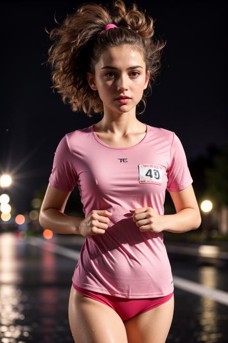 (midnight:1.2), Street lights, 20yo fitgirl (jogging:1.1) in the street, blush,  looking to the side,  outdoors, (rainy weather:1.2), (wet t-shirt with print:1.1), (wet hair:1.2), masterpiece, 8k, soft lighting, contrasting color, ultra realistic, highly detailed, intricate,  depth of field,(professionally color graded), ((bright soft diffused light)), <lora:add_detail:0.5>,   <lora:epiCRealismHelper:0.4>,  <lyco:GoodHands-beta2:1.5>,