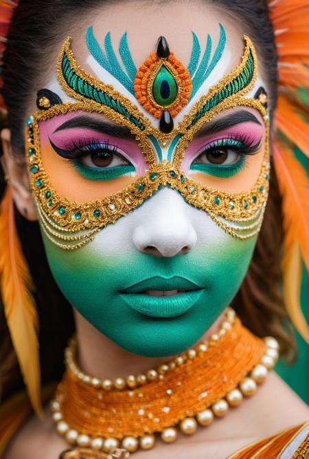 A close-up portrait of a person with a striking and intricate face painting. The subject's eyes are a striking shade of green, and their eyelashes are painted with gold and turquoise. To the left of the eyes is a black and gold mask with intricate patterns and designs. The mask features vibrant orange and white feather-like patterns. The person's lips are painted a soft pink. The background is a muted green, contrasting with the subject's makeup. The image style is dramatic and evocative, emphasizing the beauty and craftsmanship of the subject.