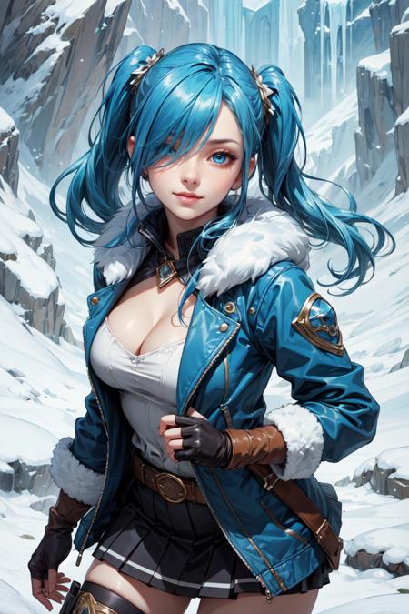 cowboy shot ,realistic, best quality, masterpiece, realistic ,<lora:more_details:0.3>,<lyco:GoodHands-beta2:1>, 1girl, blue hair, twintails, hair over one eye , blue eyes, hair over one eye, solo, smiling, fingerless gloves,cleavage,fur trim,belt,knee boots, blue jacket,skirt,jewelry, elbow gloves, ice kingdom, frozen wasteland, morning, (insanely detailed, beautiful detailed face, masterpiece, best quality)   <lyco:GPTS4 dreamwave full_478773:0.3>