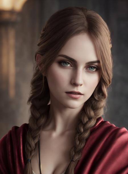 Masterpiece, best quality, hyperrealistic (portrait:0.9) photograph, of (effortlessly beautiful Nordic female vampire with dark braided hair and pale skin), ((Serana from Skyrim)), ((perfect face)), seductive look, (highly detailed skin), lifelike texture, supple skin pores, (wearing velvet red royal vampire robes:1.2), standing in front of Castle Volkihar, dark fantasy_\(setting\), ominous atmosphere, storm clouds above, cold color temperature, dull, (cinematic lighting), shallow depth of field, photographed on a Leica SL (Typ 601) Mirrorless Digital Camera, 35mm F/1.4 cine lens, soft focus, (hyperdetailed, intricately detailed), film-like, HDR, 8k, film still from Skyrim live action adaptation, front facing, [closeup], <lyco:locon_perfecteyes_v1_from_v1_64_32:0.7>