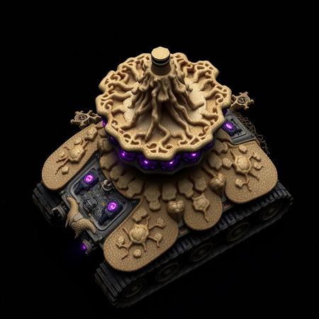 ((top view)), (tank),
Tall tank with fungal tower rising from the center and spreading cap-like armor out over the body.
Chassis: Coral-like chitin plating, semi-organic with branching root textures. Slight iridescence in shifting light.
Tracks: Short, stocky treads with fungal lattice stabilizers over each corner.
Details: Central tower leaks bio-mist during idle. Crust-like armor plates pulse faintly as mycelial network reconfigures.
Lights: Purple luminescence from fungal nodes. Spore lamps blink in repeating bio-patterns.