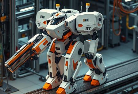 Super detailed Neo Super Quantal Mech King Blaster Magna on machine assembly line. White mech with orange & black accents. Large gun held, left hand on hip. Number "37" on body. Cinematic, isometric, dynamic pose. Trending on Artstation, splash ink illustration, octane render, Unreal Engine 5, Raphael style, Houdini style. 4k, high-res, golden ratio, captivating lighting.