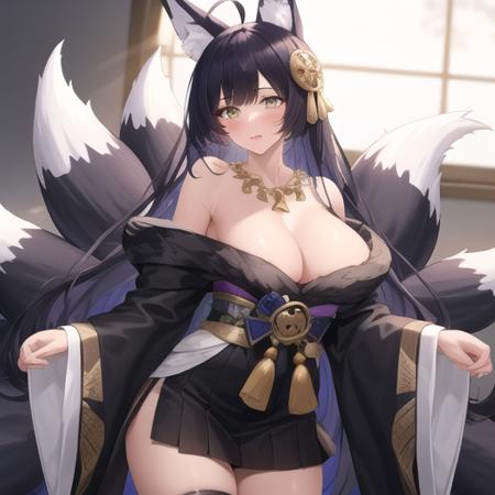 (masterpiece, best quality:1.2),illustration,8k,hd,1girl,solo,cowboy shot,musashi (azur lane),ahoge,huge breasts,long hair,fringe,black hair,animal ears,yellow eyes,cleavage,black skirt,blunt bangs,japanese clothes,fur trim,off shoulder,wide sleeves,facial mark,eyeshadow,whisker markings,necklace,fox ears,fox tail,fox girl,multiple tails,hair ornament,short kimono,geta,magatama,<lora:Musashi(azur)>,