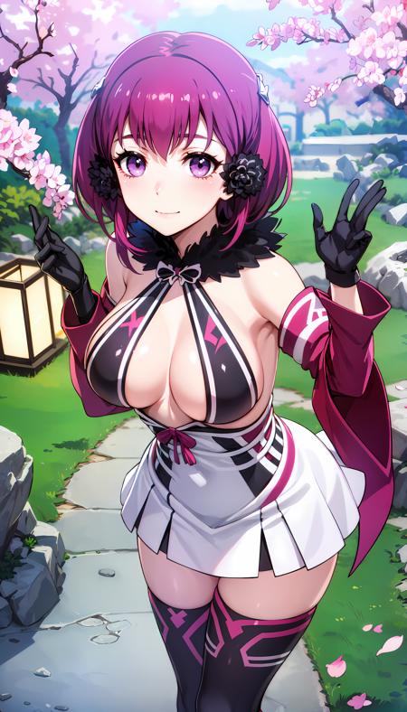 photorealistic, (4k), depth of field, (Masterpiece), (realistic skin texture), extremely detailed, intricate, hyper detailed, professional photography, bokeh, high resolution, sharp detail, best quality, woman,white dress, (black infinity wrap top), detached sleeves, purple sleeves,  purple hair, short hair, purple eyes, black gloves, bare shoulders, fur collar, pink legwear,  , feminine pose, large breasts, <lora:GoodHands-vanilla:0.8> , <lora:detail_slider_v4:0.8> , dynamic pose,  <lora:Babylon-000004:0.8> , zen garden, dawn, raked gravel patterns, moss-covered stones, cherry blossoms, lanterns softly glowing, pathways