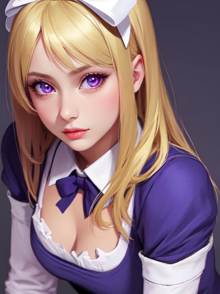 Natalia purple eyes, blonde hair maid, blue dress, hair bow, white bow, neckbow