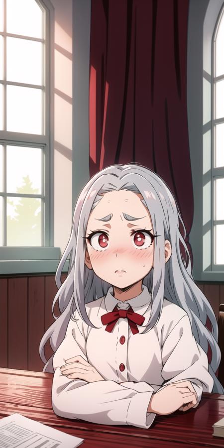 1girl, Silver hair, red eyes with white highlights, concerned expression, eyebrows slightly furrowed, visible eyelashes, faint blush on cheeks, <lora:Eri_-_Boku_no_Hero_Academia:1>, (child:1.1), indoors, school, window, table