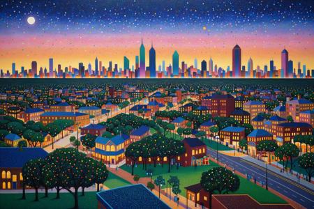 Seurat-inspired Pointillist cityscape of New Tejas, A Modern,  bustling metropolis at night with tiny, shimmering dots of color and light, symmetrical, maximalist, absurdres, accurate, refined, defined, highly detailed, 