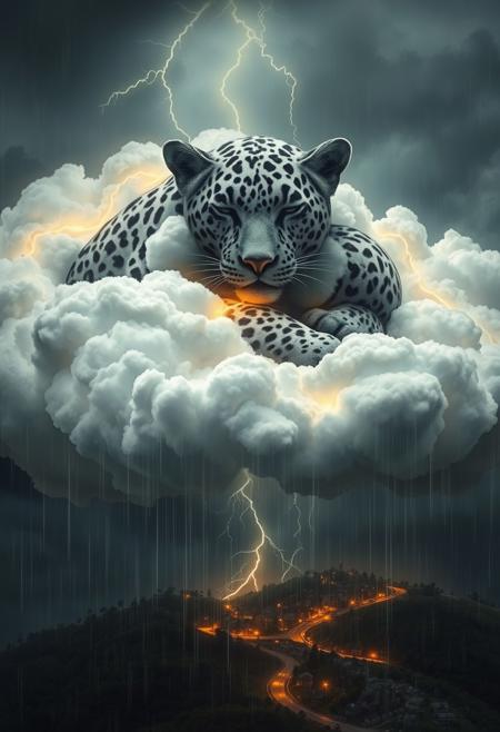 Create a hyper-realistic, hyper-detailed image of a jaguar made entirely from puffy storm clouds, sleeping above a tiny miniature town. Lightning illuminates the storm clouds from within, casting an eerie glow. Rain falls from the stormy jaguar, pouring down on the tiny town below. The jaguar is rendered in exquisite detail, with soft, ominous clouds and dark, foreboding shadows. Style: hyper-realistic, surreal, whimsical. Colors: grays, whites, and blues, with flashes of yellow lightning. Highest-Quality, 4k, Masterpiece