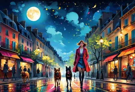 Vibrant and dynamic illustrations and vectors, bursting with color and life, offer viewers a visual feast for the eyes.(show faces:1.4). Beautiful French woman walking on street at night, illuminated, old street, Paris night, moon, walking with a dog. Colorful Glass paint. Modern.3ds Max.